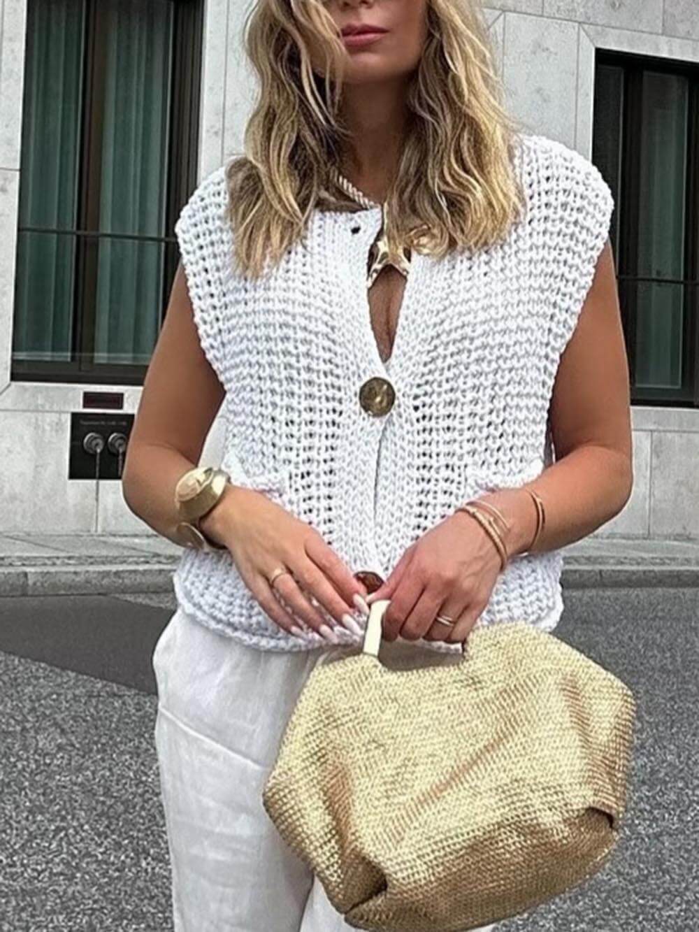 Élégant cardigan court sans manches à poche