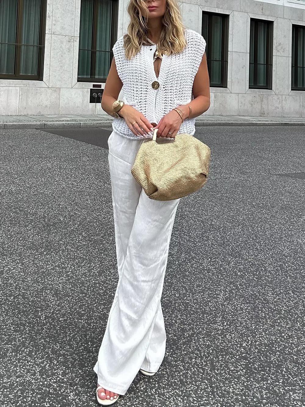 Élégant cardigan court sans manches à poche