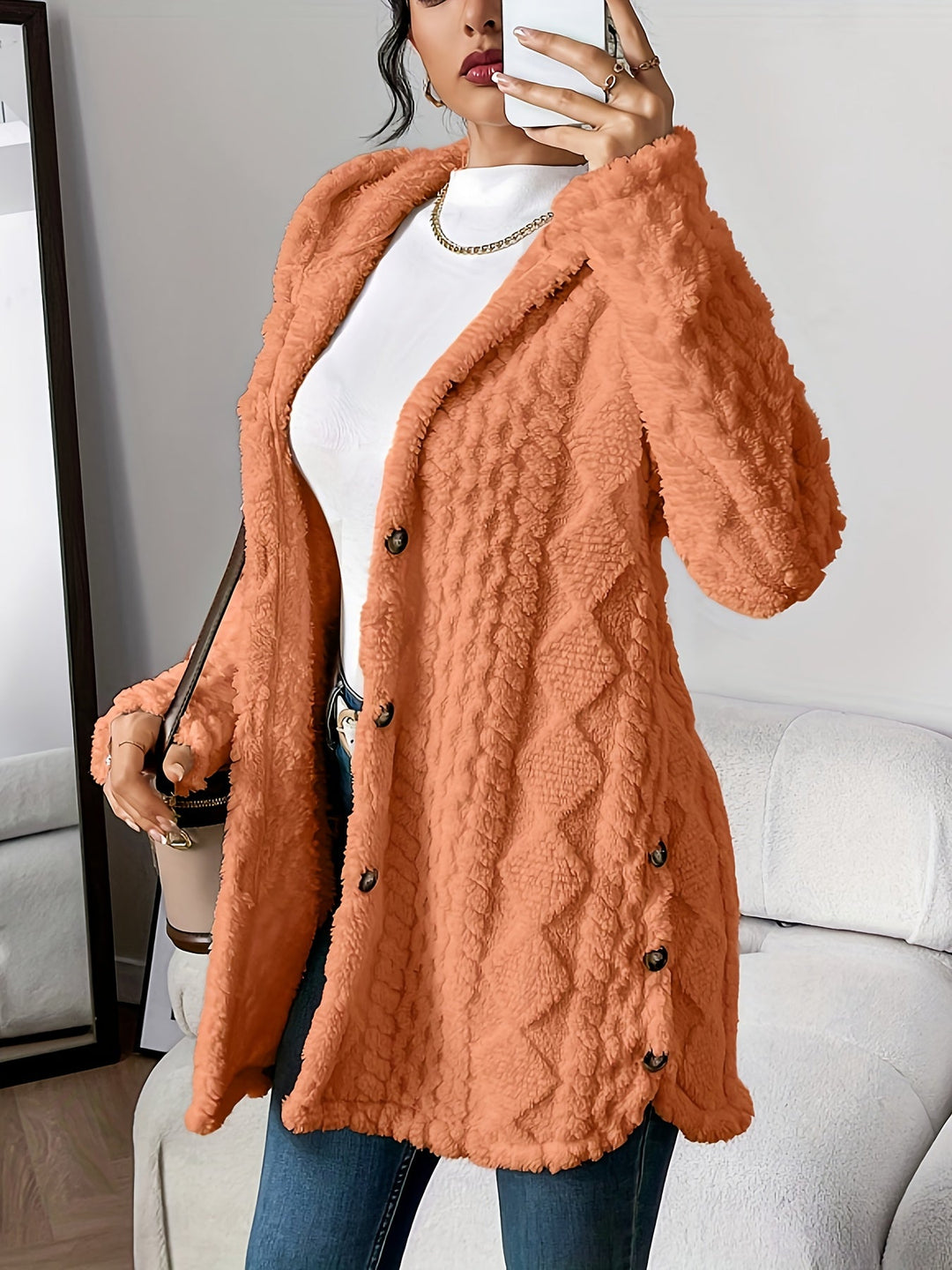 Paula™ - Cardigan à capuche en peluche à motif losange