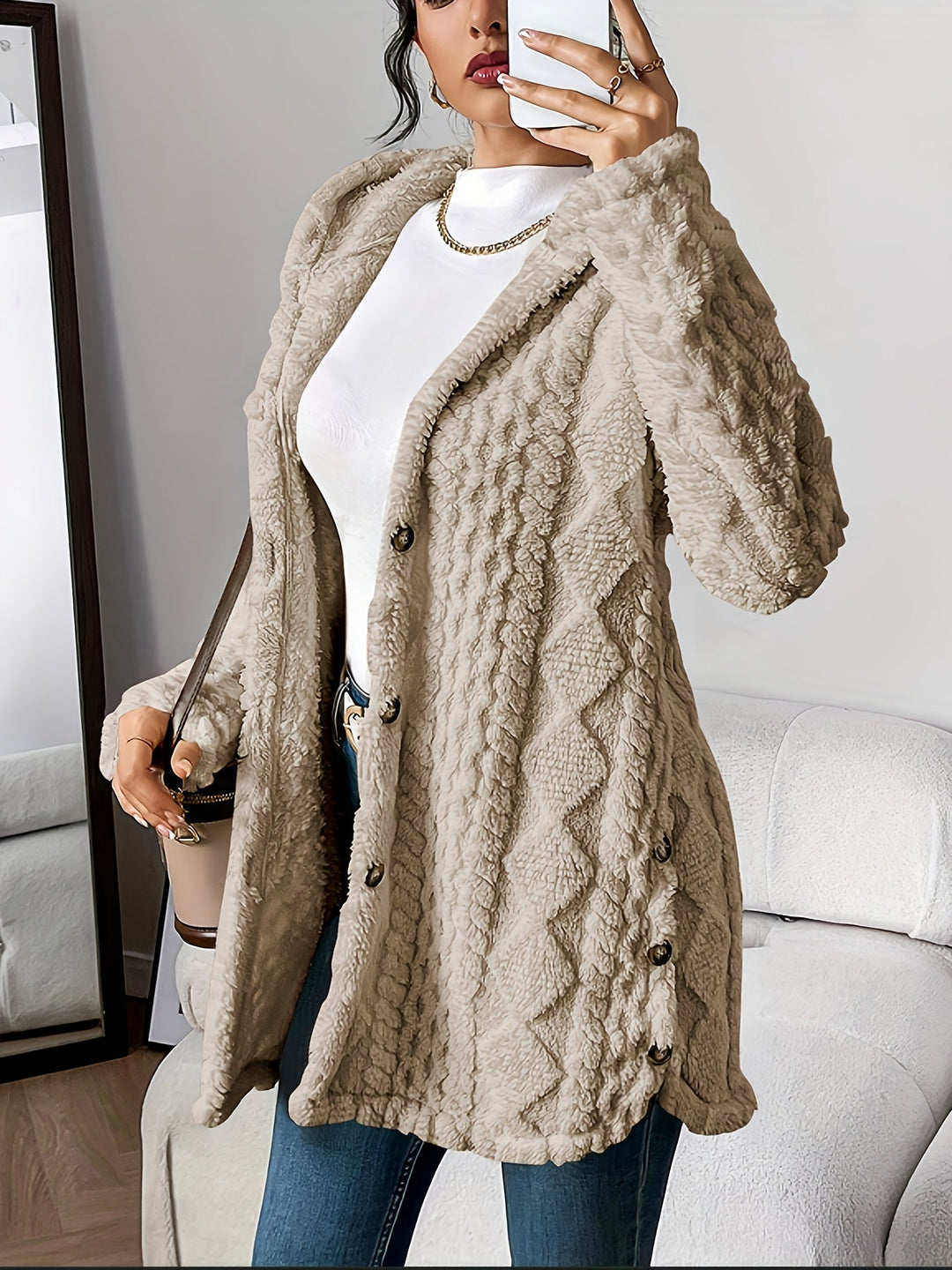 Paula™ - Cardigan à capuche en peluche à motif losange