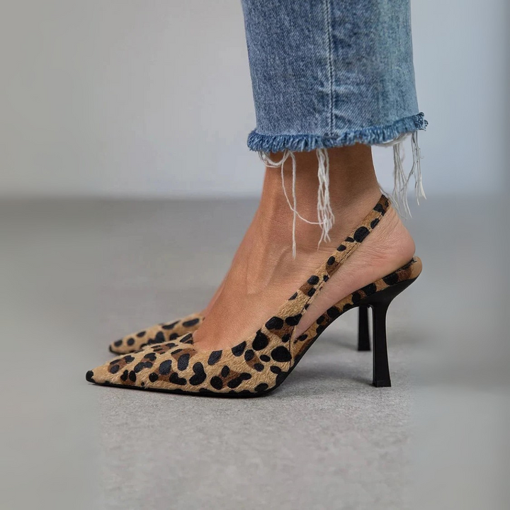 Senna - Escarpins à talons aiguilles kaki à bout pointu et imprimé léopard