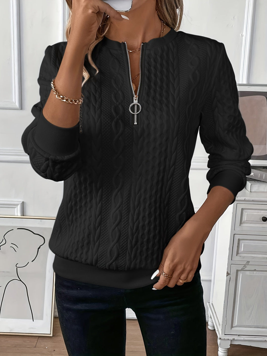 Elysha™ - Pull à fermeture éclair quart de longueur texturé