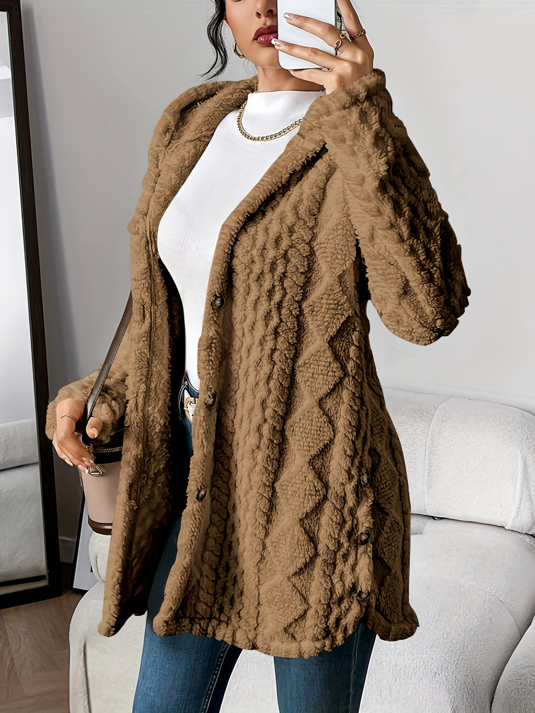 Paula™ - Cardigan à capuche en peluche à motif losange
