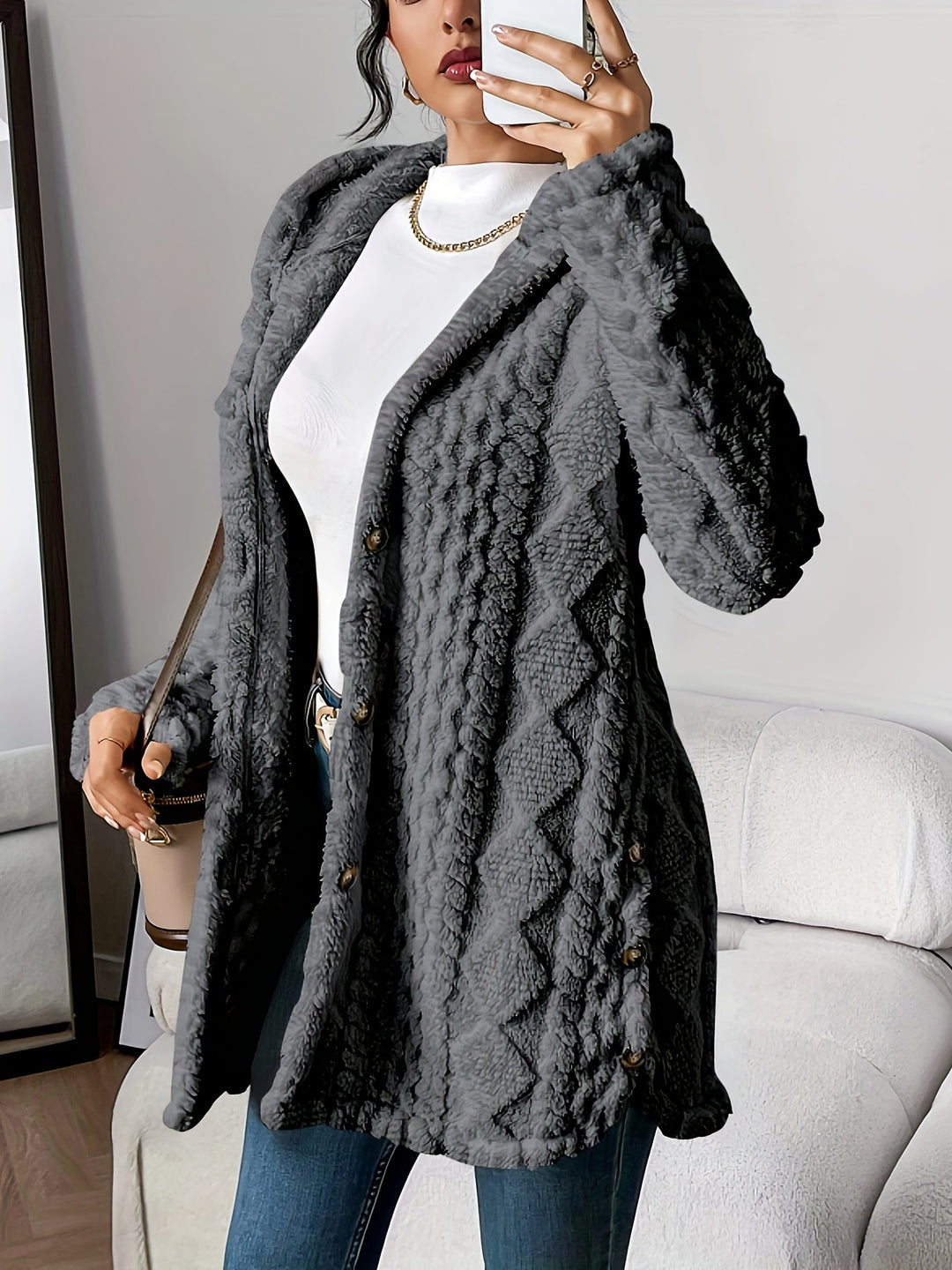 Paula™ - Cardigan à capuche en peluche à motif losange